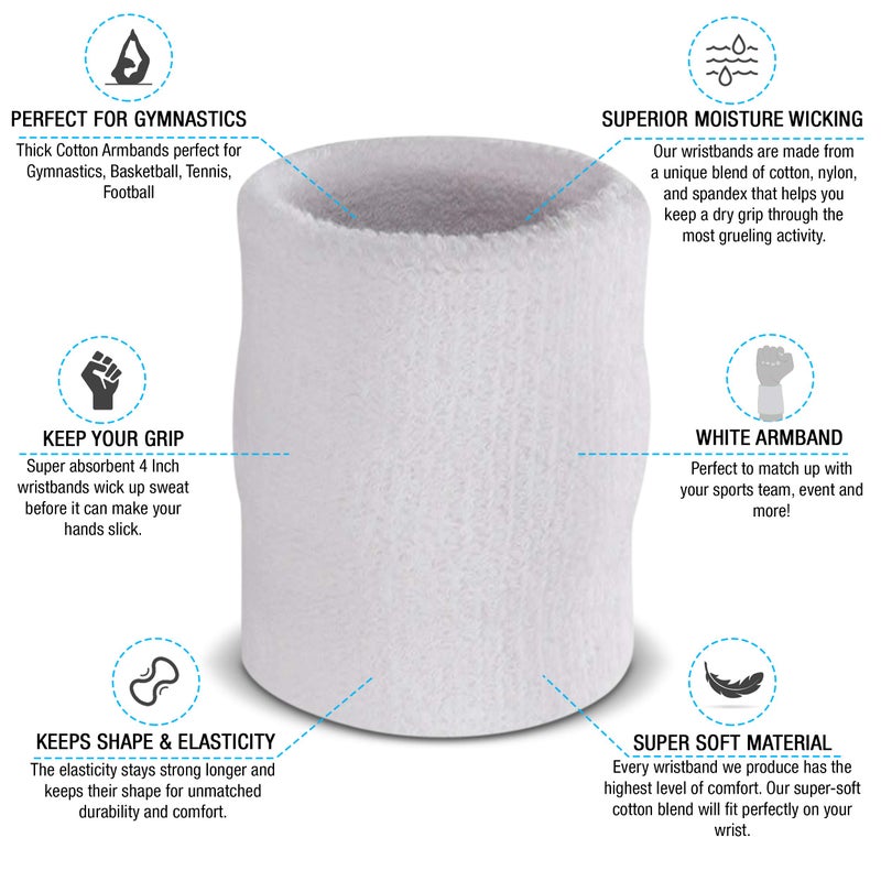 Suddora Arm Sweatbands, Absorbent and Breathable Thick Cotton Bands for Working Out, Gymnastics, Basketball, Tennis, and Football, Multiuse 4-inch Wristbands for Costumes and Cosplay, White - Image 2