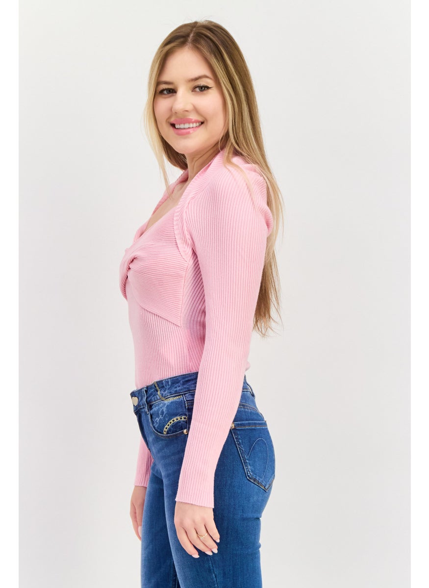 Missguided Women Ribbed Long Sleeve Body Suit, Pink  - Image 2