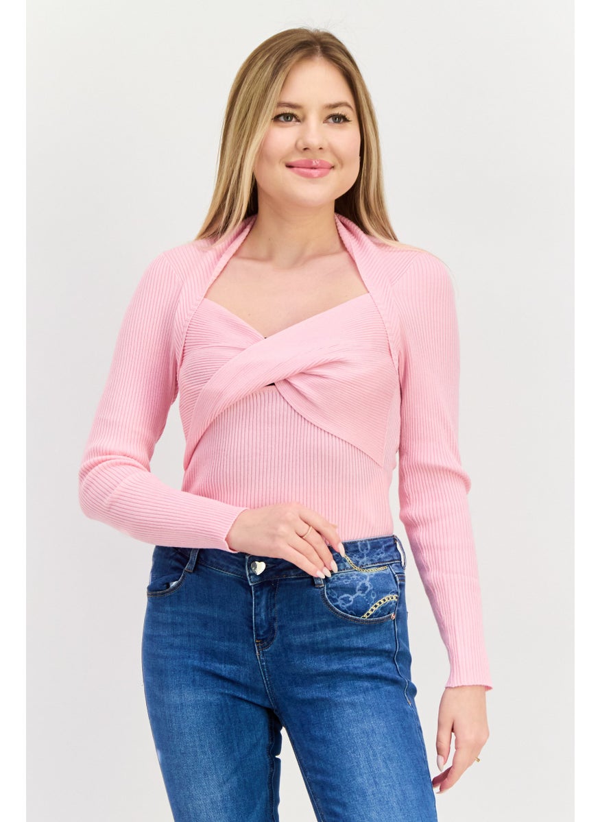 Missguided Women Ribbed Long Sleeve Body Suit, Pink  - Image 1