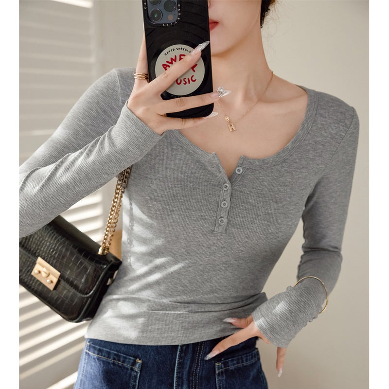 Women's Ribbed High-Stretch Henley Long Sleeve T-Shirt - Image 4