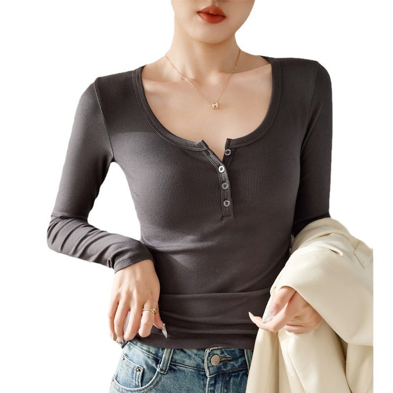 Women's Ribbed High-Stretch Henley Long Sleeve T-Shirt - Image 5