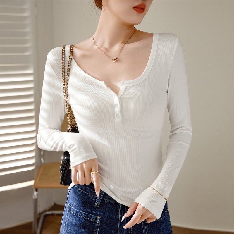 Women's Ribbed High-Stretch Henley Long Sleeve T-Shirt - Image 1