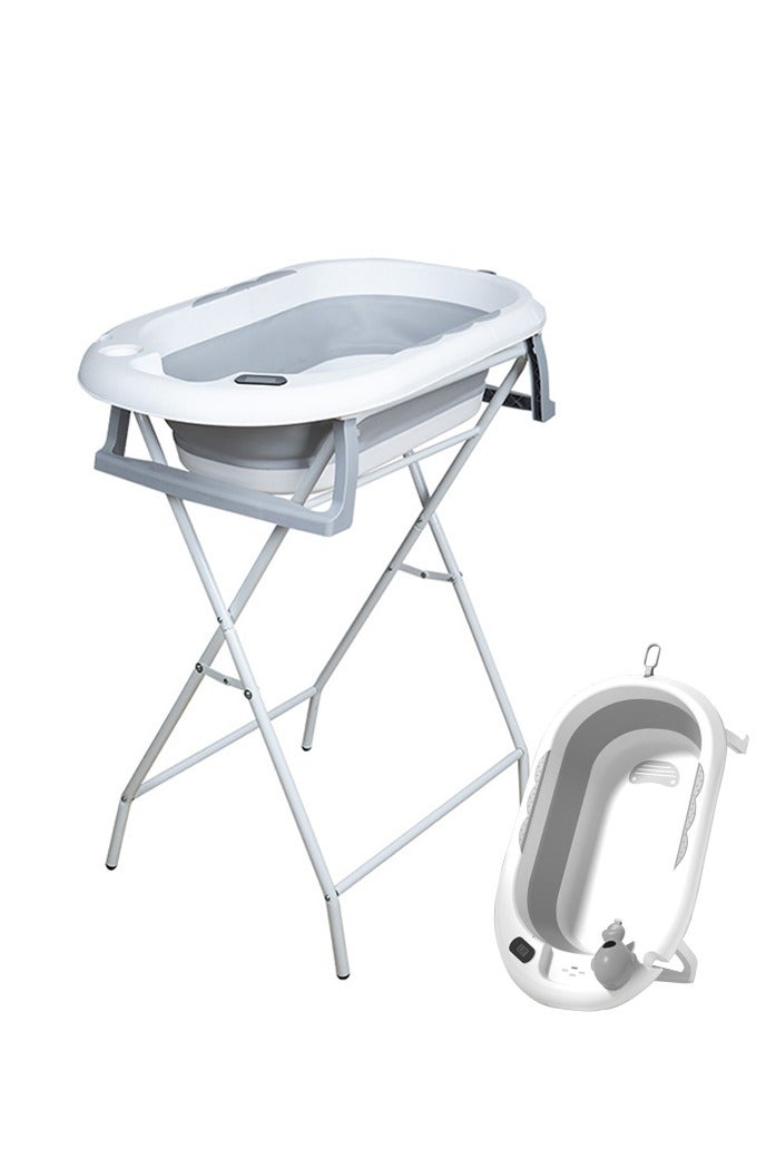 صحراء الواحة حوض استحمام قابل للطي للأطفال مع حامل، حوض استحمام محمول للسفر مع فتحات تصريف، حوض استحمام متين مناسب للرضع والأطفال الصغار، مزود بمقياس حرارة (رمادي) - Image 1