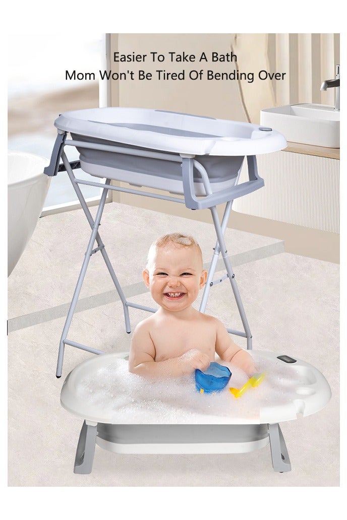 صحراء الواحة حوض استحمام قابل للطي للأطفال مع حامل، حوض استحمام محمول للسفر مع فتحات تصريف، حوض استحمام متين مناسب للرضع والأطفال الصغار، مزود بمقياس حرارة (رمادي) - Image 2