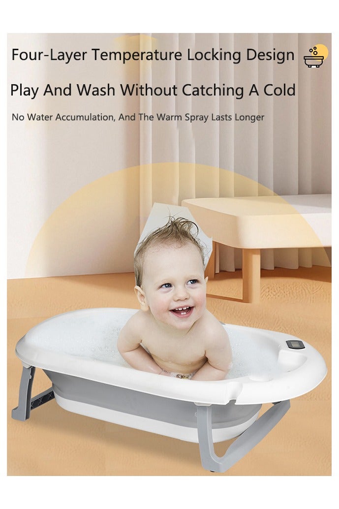 صحراء الواحة حوض استحمام قابل للطي للأطفال مع حامل، حوض استحمام محمول للسفر مع فتحات تصريف، حوض استحمام متين مناسب للرضع والأطفال الصغار، مزود بمقياس حرارة (رمادي) - Image 3