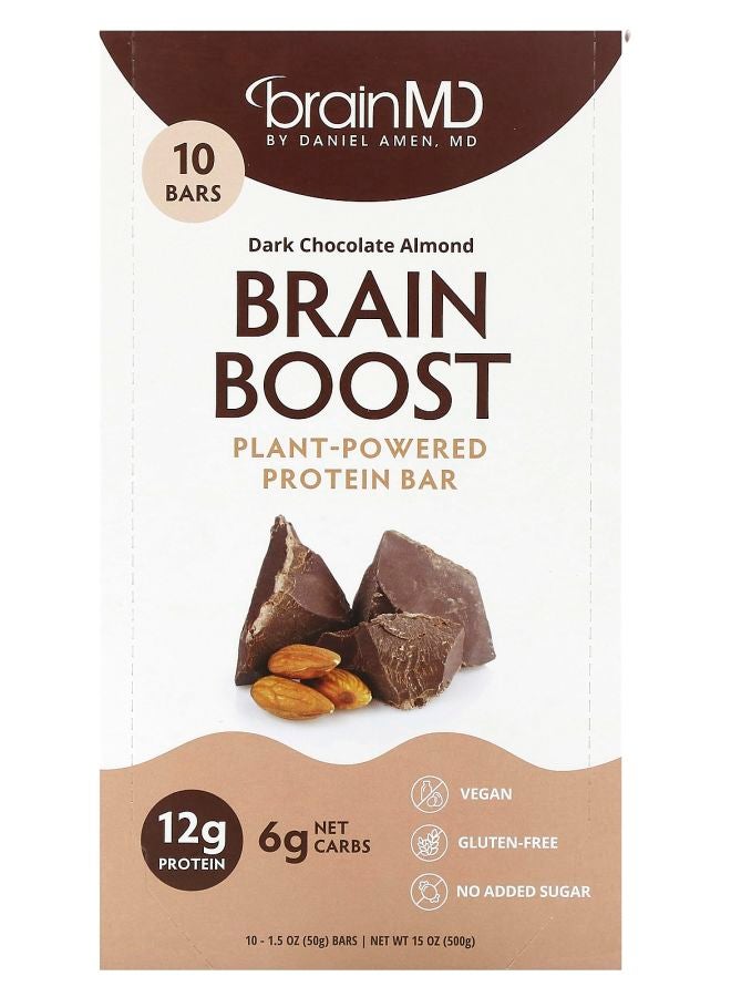 BRAINMD Brain Boost PlantPowered Protein Bar Dark Chocolate Almond 10 Bars 1.5 oz (50 g) Each