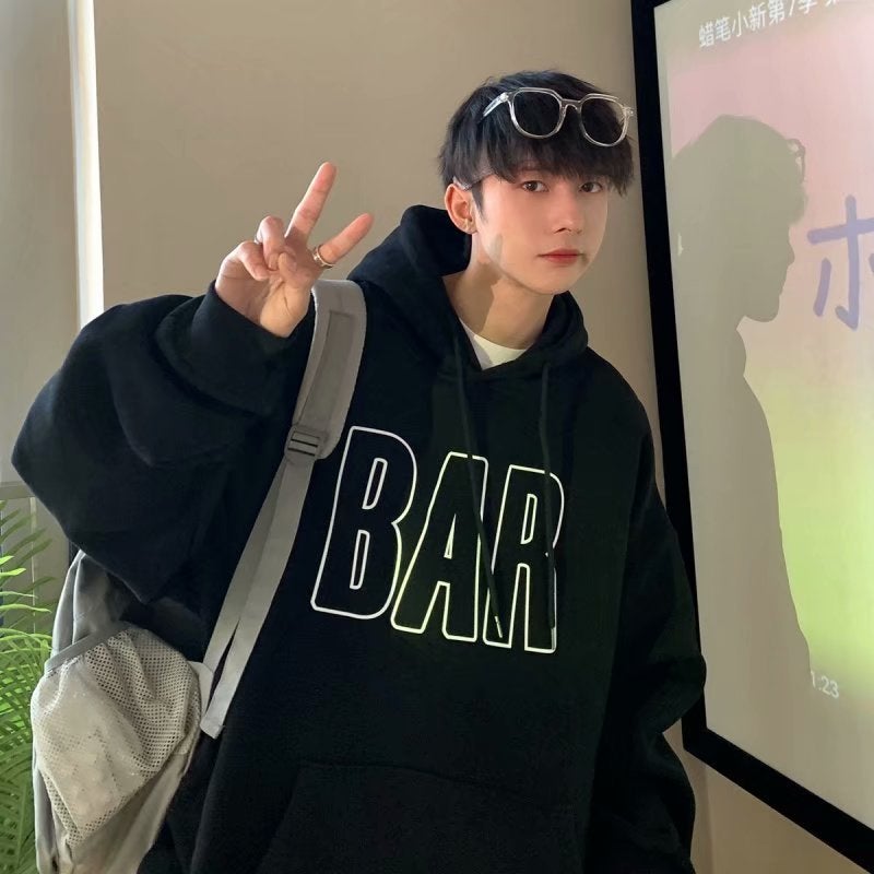 Mens Winter Thickened Fleece Hoodie Casual Korean Trend Oversized Letter Coat W127 Black 