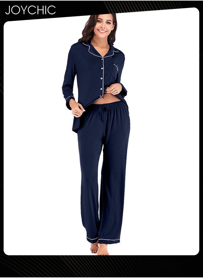2-piece Classic Spring and Summer Autumn Pajamas Modal Skin-friendly Loose Women's Nightgown Casual Shirt Collar Long-sleeved Home Clothes Loungewear Navy Blue - https://f.nooncdn.com/p/pzsku/Z9AC0CA9414AF8C0EE395Z/45/1746213707/8bbf0a83-41fb-4105-9abd-f24c598514d9.jpg?width=original