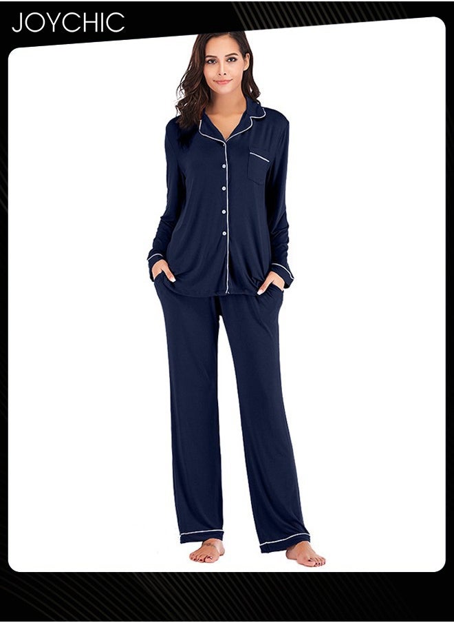 2-piece Classic Spring and Summer Autumn Pajamas Modal Skin-friendly Loose Women's Nightgown Casual Shirt Collar Long-sleeved Home Clothes Loungewear Navy Blue - https://f.nooncdn.com/p/pzsku/Z9AC0CA9414AF8C0EE395Z/45/_/1731655186/1cf049fc-9fbb-4b85-b8ab-c273a6e4cb13.jpg?format=jpg&width=original