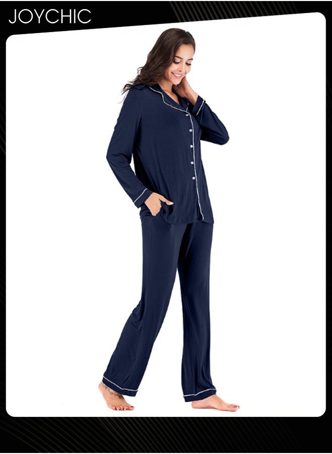 2-piece Classic Spring and Summer Autumn Pajamas Modal Skin-friendly Loose Women's Nightgown Casual Shirt Collar Long-sleeved Home Clothes Loungewear Navy Blue - https://f.nooncdn.com/p/pzsku/Z9AC0CA9414AF8C0EE395Z/45/_/1731655187/2928711e-1462-4985-9e31-affbf89e04eb.jpg?format=jpg&width=original