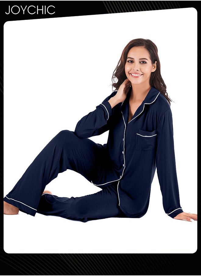 2-piece Classic Spring and Summer Autumn Pajamas Modal Skin-friendly Loose Women's Nightgown Casual Shirt Collar Long-sleeved Home Clothes Loungewear Navy Blue - https://f.nooncdn.com/p/pzsku/Z9AC0CA9414AF8C0EE395Z/45/_/1731655197/dced2109-b0a3-413f-bd46-8230cb53a6e8.jpg?format=jpg&width=original