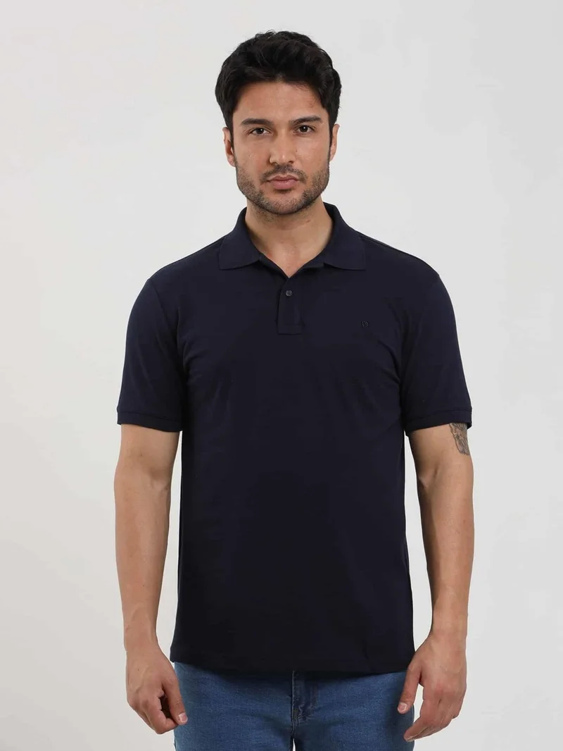 دوفي Navy Blue Men's Slim Fit Plain Polo Neck Tshirt - 105091