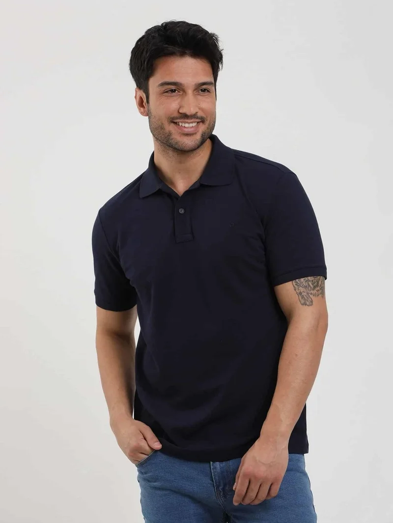 دوفي Navy Blue Men's Slim Fit Plain Polo Neck Tshirt - 105091