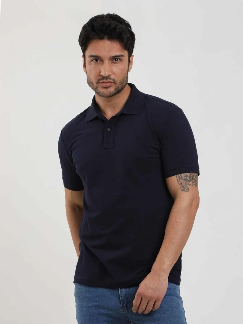 دوفي Navy Blue Men's Slim Fit Plain Polo Neck Tshirt - 105091