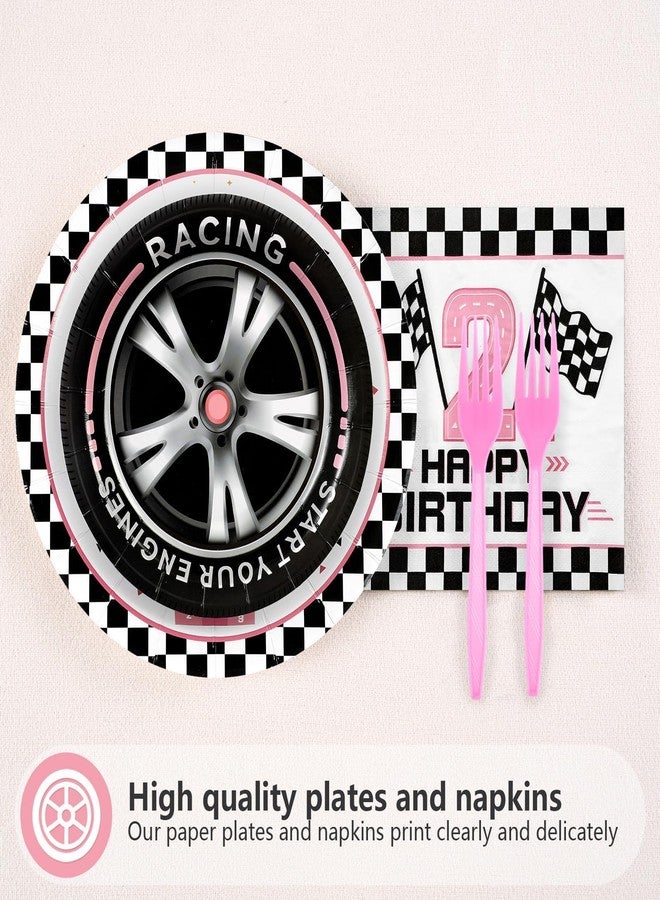 Grencian مجموعة غرينسيان من 96 قطعة من أطباق ومناديل ورقية مزينة بسيارات سباق وردية اللون، مثالية لحفلات أعياد الميلاد الثانية - Image 5