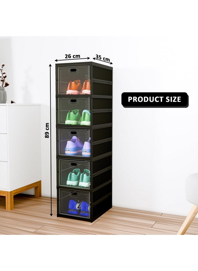 Kuber Industries Kuber Industries Plastic 5 Layer See Through Foldable Closed Shoes Racks for Home | Shoe Boxes Storage/Sneaker Shoe Box Stand | Organizer for Wardrobe | Collapsible Shoe Rack Storage | Matte Black  - Image 3