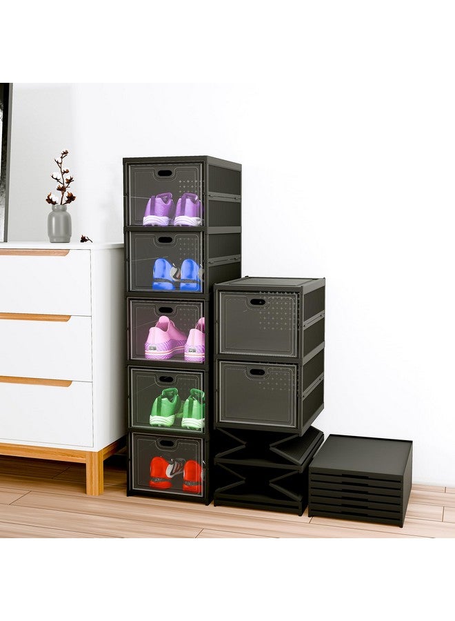 Kuber Industries Kuber Industries Plastic 5 Layer See Through Foldable Closed Shoes Racks for Home | Shoe Boxes Storage/Sneaker Shoe Box Stand | Organizer for Wardrobe | Collapsible Shoe Rack Storage | Matte Black  - Image 1