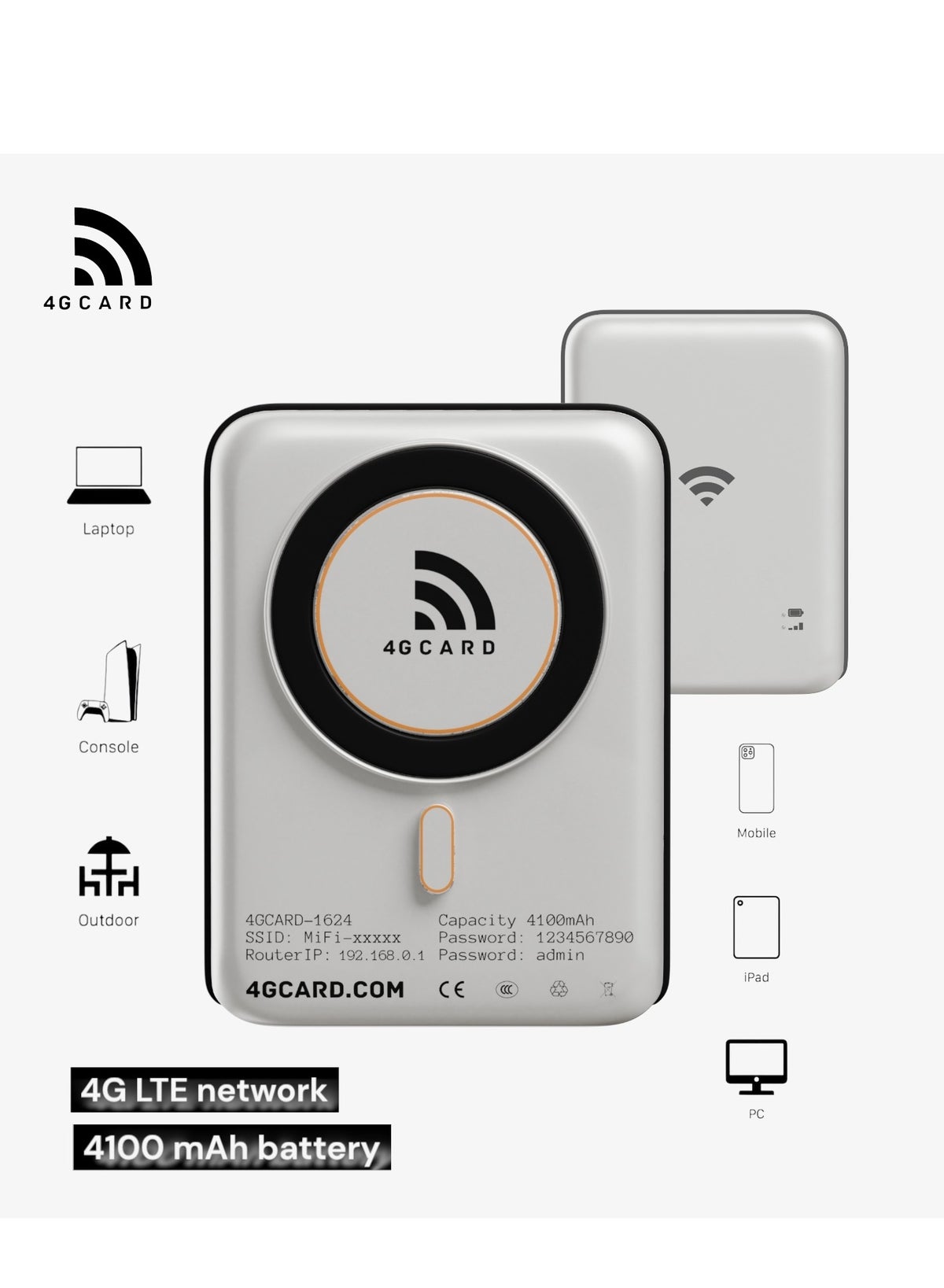 4G Card 4GCARD1624/Portable Wi-Fi Router / 4100mAh / 10 Connected ...