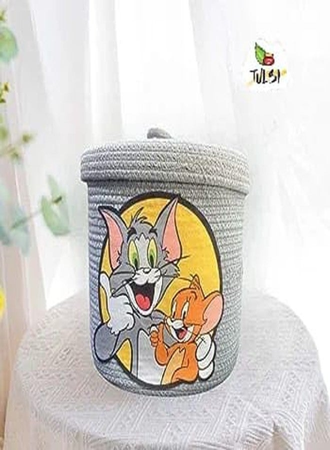 Rosslyn Kids Lid Basket with Beautiful Characters - Rope Storage Basket for Baby Diaper, Stuffed Animal Storage Bin Rope Basket for Kids Toy, Baby Laundry Baskets with lid - Tom & Jerryr - Image 1