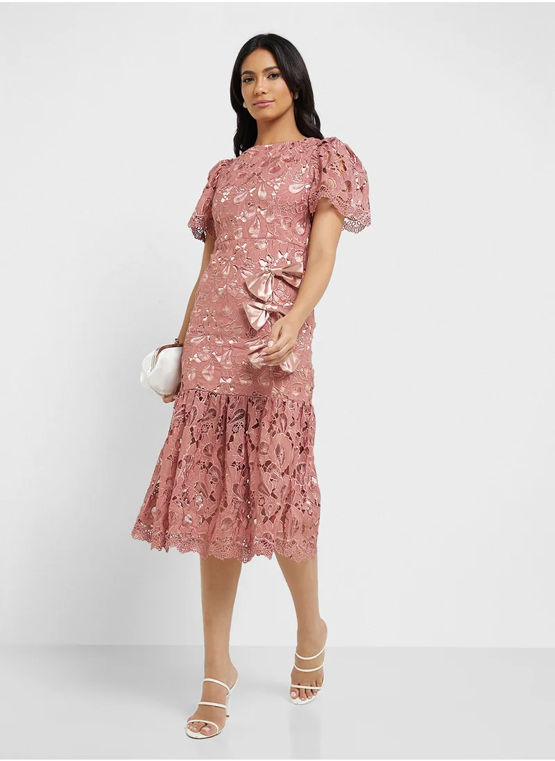 جاست مي Bow Detailed Short Sleeve Midi Dress