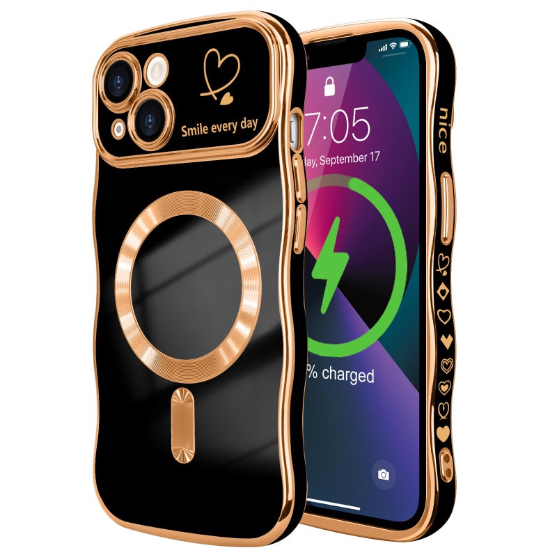 LCHULLE for iPhone 13 Case for Women Girls Compatible with MagSafe Cute Curly Wave Shape Magnetic Love Heart Pattern with Camera Lens Cover Luxury Plating Shockproof Phone Case Black - Image 3