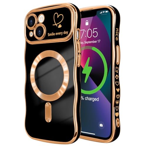 LCHULLE for iPhone 13 Case for Women Girls Compatible with MagSafe Cute Curly Wave Shape Magnetic Love Heart Pattern with Camera Lens Cover Luxury Plating Shockproof Phone Case Black - Image 1