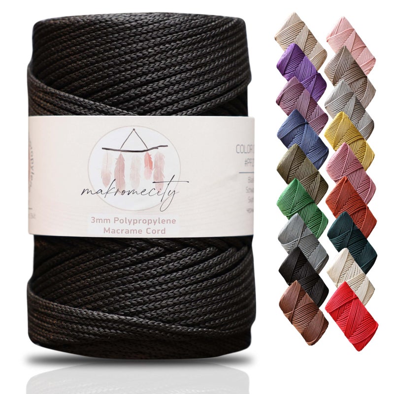 Makromecity Macrame Yarn 3 mm x 120 m Black Premium Polyester Macrame Cord Polypropylene Yarn Crafts for Wall Hangings Shoulder Bag Handbag Runner Dummy Chain Place Plate - Image 1