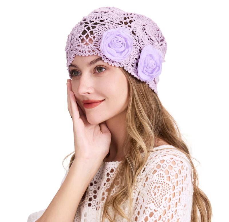 ZLYC Women Cotton Crochet Slouchy Beanie Hat Handmade Knit Summer Skull Cap, Decorative Flowers Lavender Purple - Image 3