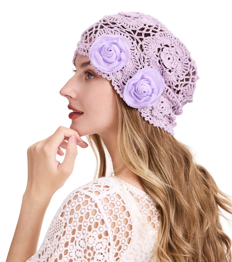 ZLYC Women Cotton Crochet Slouchy Beanie Hat Handmade Knit Summer Skull Cap, Decorative Flowers Lavender Purple - Image 2