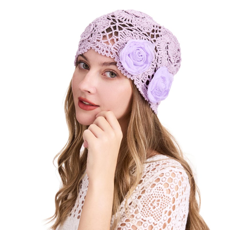 ZLYC Women Cotton Crochet Slouchy Beanie Hat Handmade Knit Summer Skull Cap, Decorative Flowers Lavender Purple - Image 1