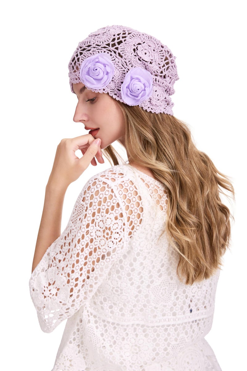 ZLYC Women Cotton Crochet Slouchy Beanie Hat Handmade Knit Summer Skull Cap, Decorative Flowers Lavender Purple - Image 4