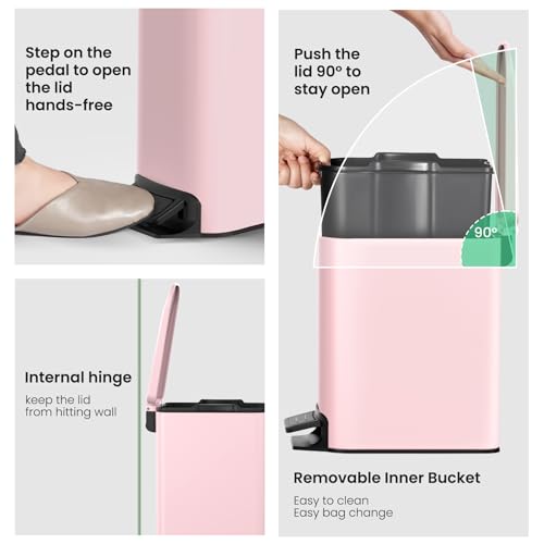 Cesun Small Bathroom Trash Can with Lid Soft Close, Step Pedal, 6 Liter / 1.6 Gallon Stainless Steel Garbage Can with Removable Inner Bucket, Anti-Fingerprint Finish (Pink) - Image 5