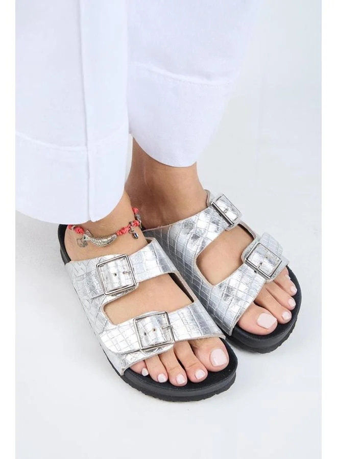 Anjelic Croco Women's Genuine Leather Double Buckle Silver Sandal.