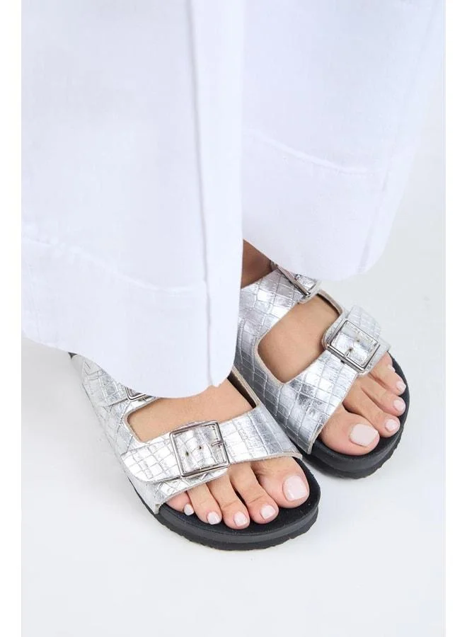 Manijero  Anjelic Croco Women's Genuine Leather Double Buckle Silver Sandal. for Women | Best Price UAE