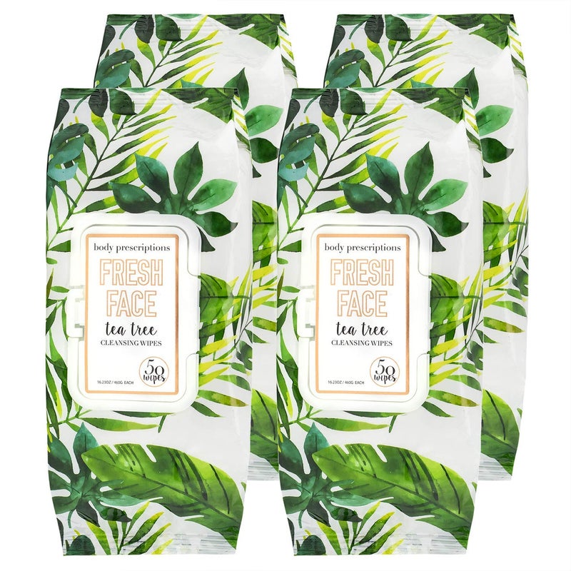 Body Prescriptions Tea Tree Facial Wipes, Moisturizing, Deep Cleansing Face Towelettes, Refreshing + Nourishing, Gentle Cleansing Cloths, 50 Count (Pack of 4), Fresh,Tea Tree - Image 1