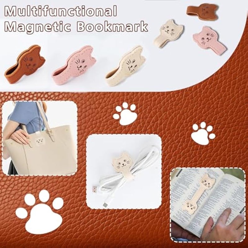 Zkptops Magnetic Leather Bookmarks Cute Cat Book Markers for Reading Women Men Strong Magnet Book Mark Clips  Mark Unique Book Accessories Gifts for Book Lovers Teachers Students Reader (Khaki) - Image 4