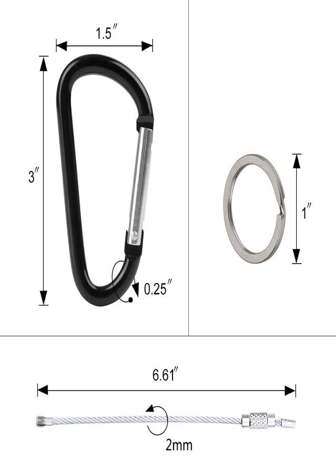 EVALUEMART Pack of 2, 3" Aluminum D Ring Carabiners Clip | Spring Loaded Gate Small Keychain Clip Set | Outdoor Camping, Hiking, Fishing with 1" Keyring & Stainless Steel Wire Keychain Cable- Black - Image 2