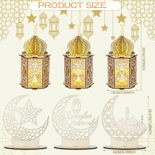 Rossesay 9 Pcs Eid Decorations Ramadan Lanterns with LED Lights Moon Hollow Eid Plaque Set Eid Mubarak Table Decor Muslim Wooden Hanging Lantern Night Light for Ramadan Kareem Party Decorations - Image 2