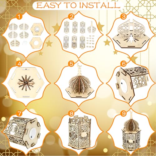 Rossesay 9 Pcs Eid Decorations Ramadan Lanterns with LED Lights Moon Hollow Eid Plaque Set Eid Mubarak Table Decor Muslim Wooden Hanging Lantern Night Light for Ramadan Kareem Party Decorations - Image 3