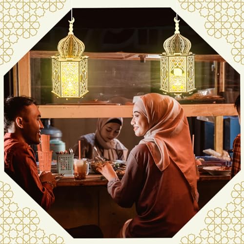 Rossesay 9 Pcs Eid Decorations Ramadan Lanterns with LED Lights Moon Hollow Eid Plaque Set Eid Mubarak Table Decor Muslim Wooden Hanging Lantern Night Light for Ramadan Kareem Party Decorations - Image 5