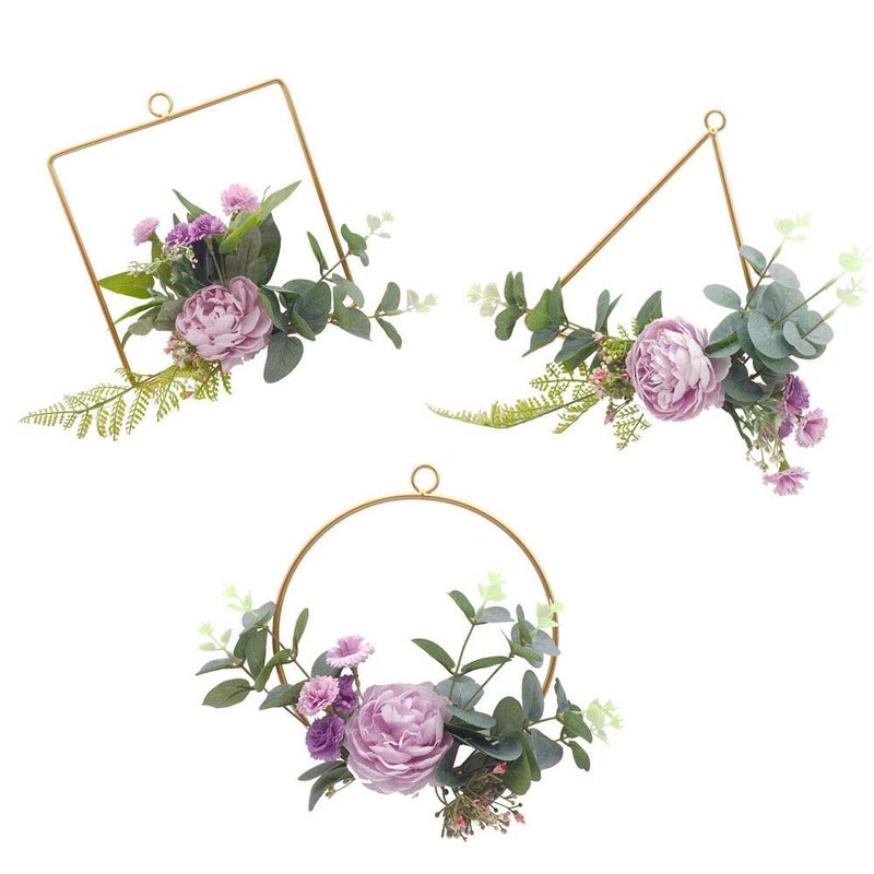 ZJCilected ZJCilected Floral Hoop Wreath Champagne Geometric Wire Round Triangle Square Hoop Frame of Artificial Rose Flower for Wedding Backdrop Wall Decor Geometric Wire Wall Decor Pack of 3 