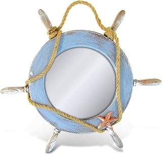 Puzzled COTA Global Pacific Mirror Boat Wheel Nautical Decor - Nautical Themed Wood Mirror, Beach Decor for Wall, - Image 1