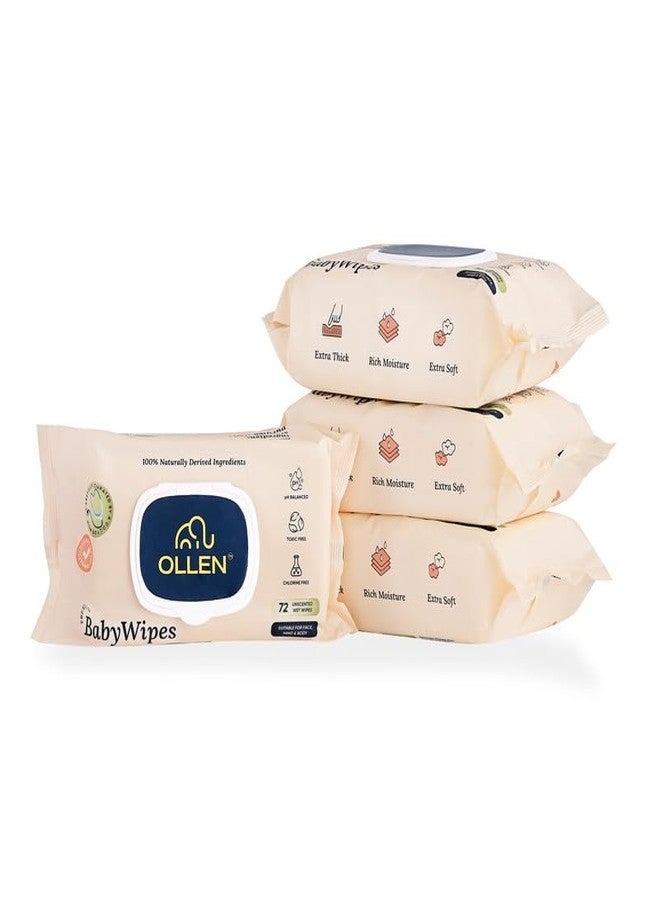 OLLEN Pure water Unscented Baby Wipes with lid- Safe, 100% Plant Made Fabric, Cotton Cloth Like Super thick, Dermatologically Tested- Natural Wet Wipes with Aloe vera & Chamomile (Pack of 4) - Image 1