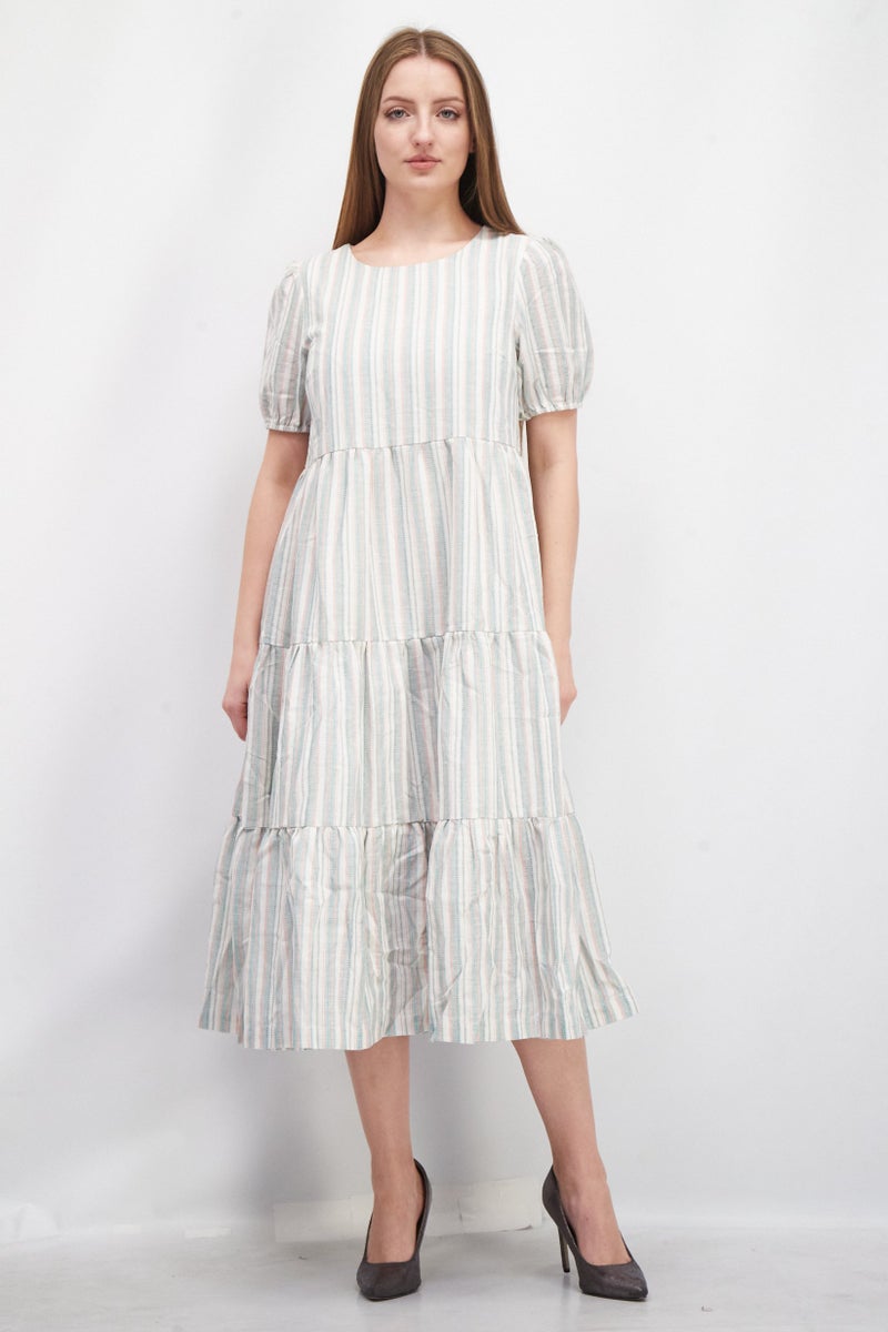 Lost + Wander فستان نسائي بأكمام قصيرة و ياقة دائرية، تصميم A-Line، لون أخضر مدمج - Image 1