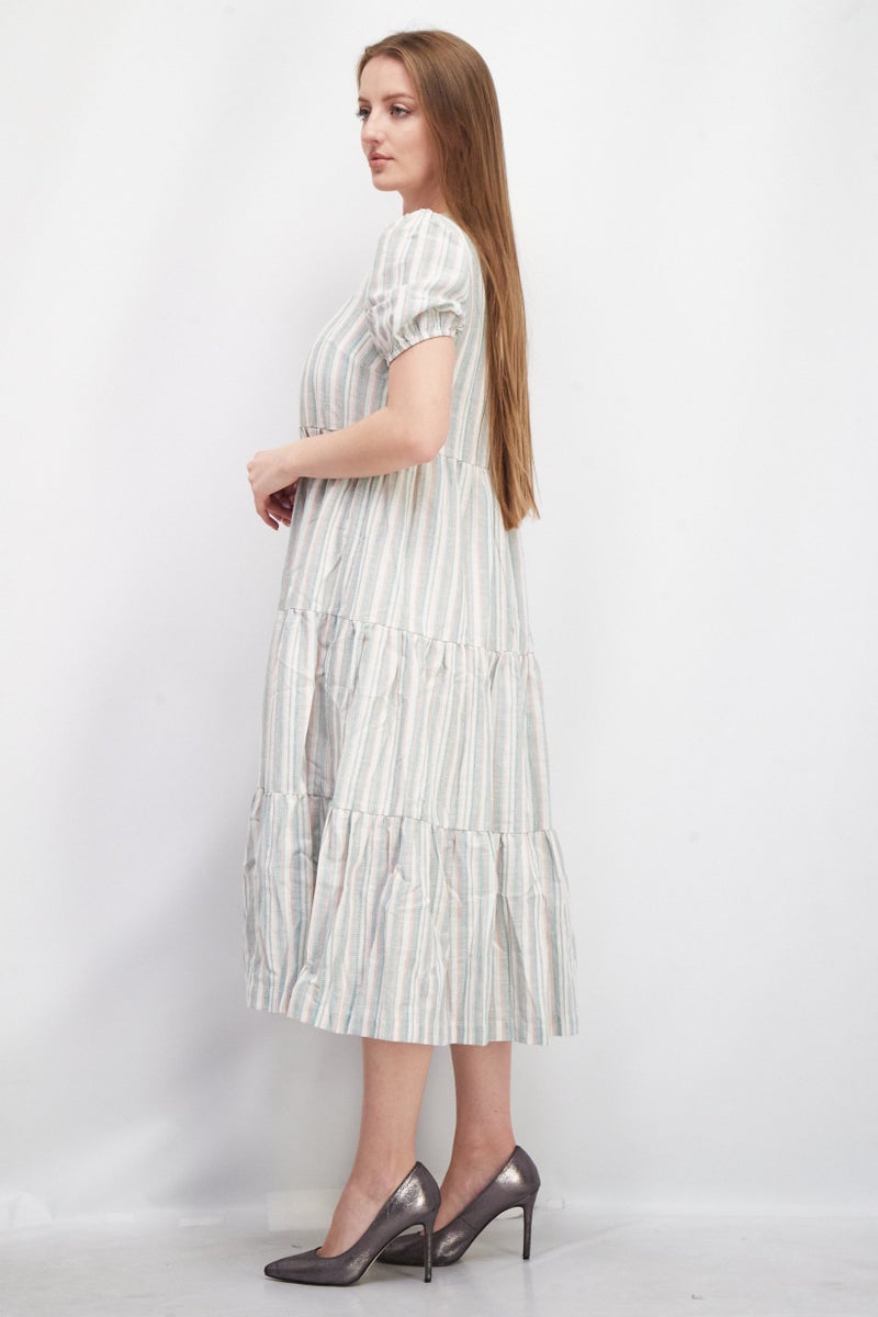 Lost + Wander فستان نسائي بأكمام قصيرة و ياقة دائرية، تصميم A-Line، لون أخضر مدمج - Image 2