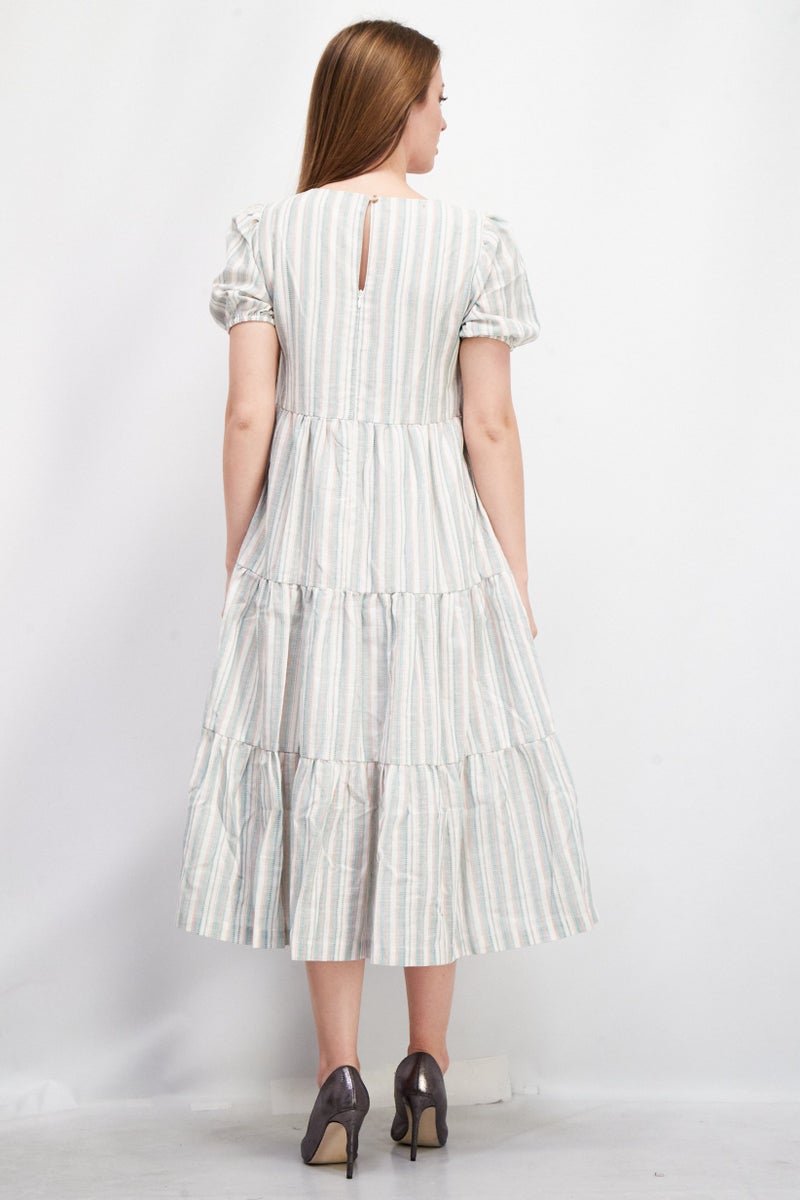 Lost + Wander فستان نسائي بأكمام قصيرة و ياقة دائرية، تصميم A-Line، لون أخضر مدمج - Image 3