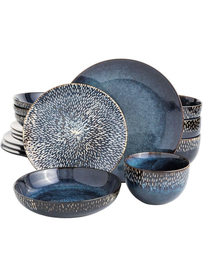 Gibson Elite Matisse 16 Piece Double Bowl Dinnerware Set Cobalt Blue Service for 4 16pcs - Image 1