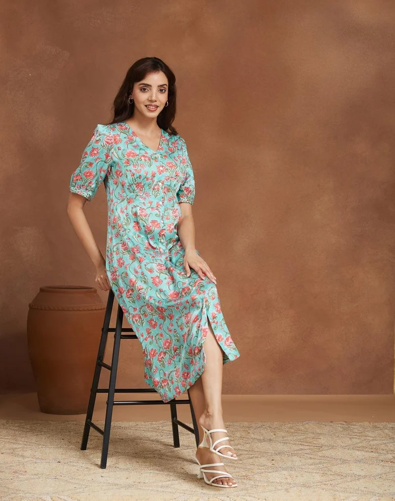 Fabindia Green Rayon Blend Printed Midi Dress