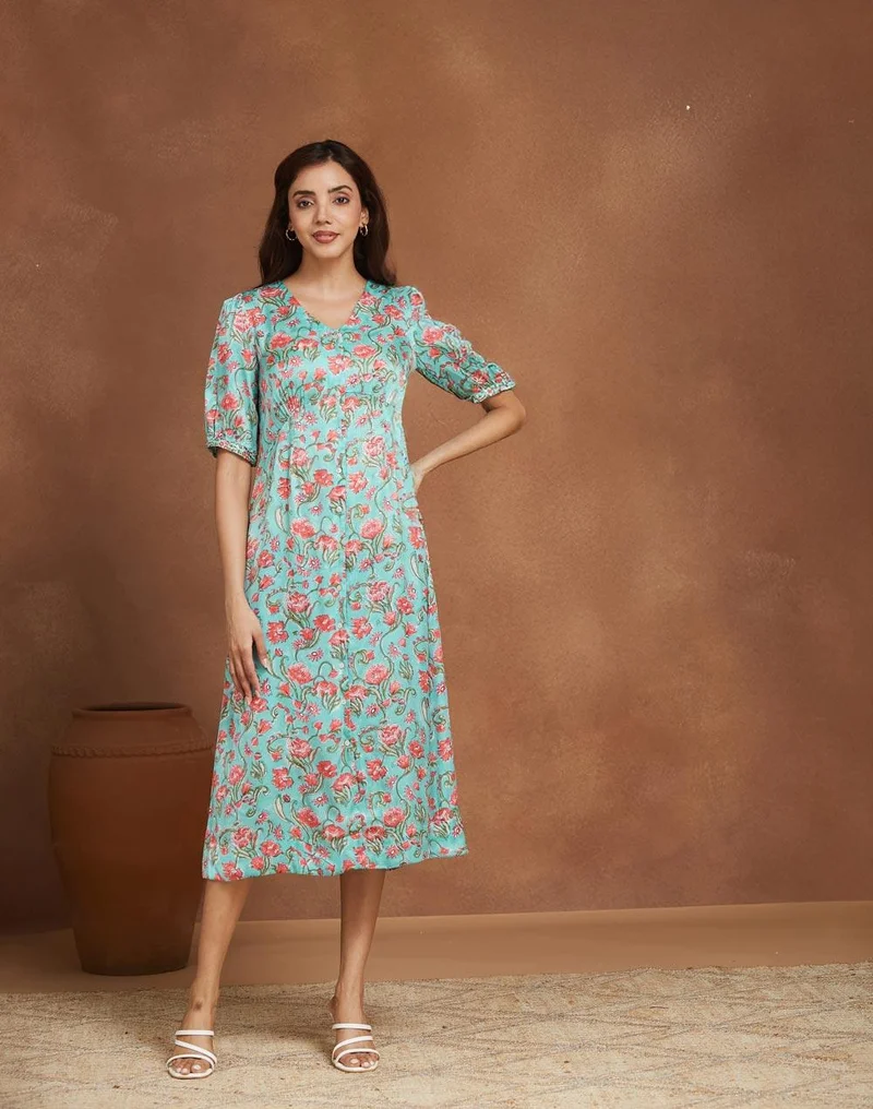Fabindia Green Rayon Blend Printed Midi Dress