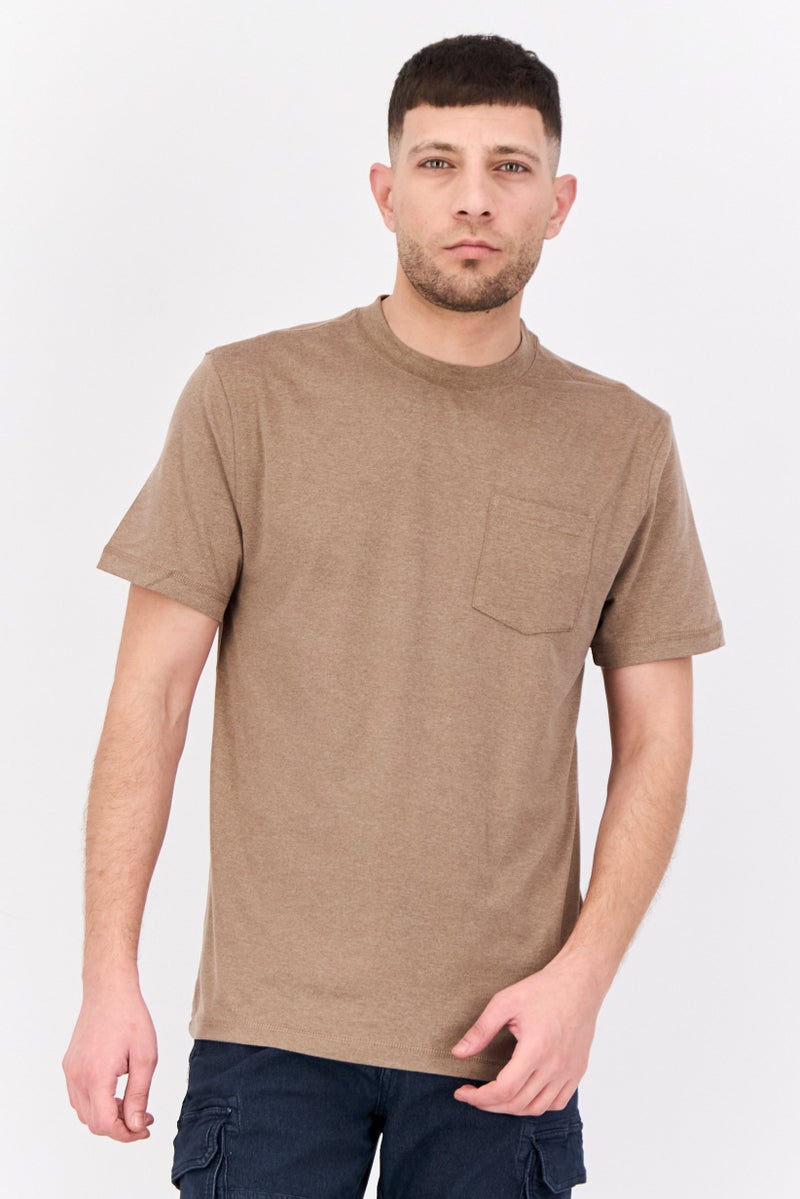 Beause Men Crew Neck Short Sleeevs Plain T-Shirt, Light Brown  - Image 1